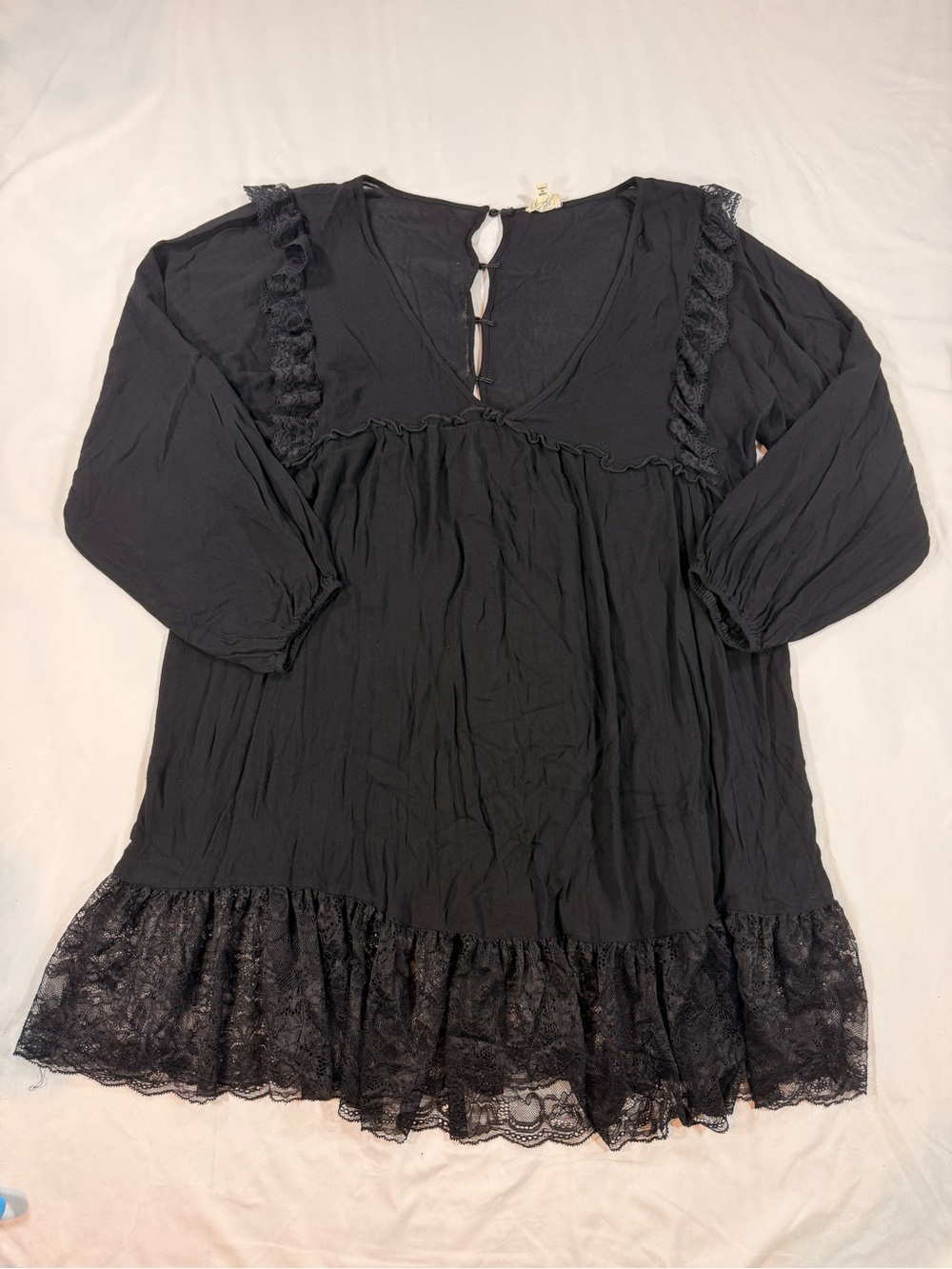 POL Black Lace-Trim Boho Babydoll dress. Cottage Core Whimsigoth. Size M